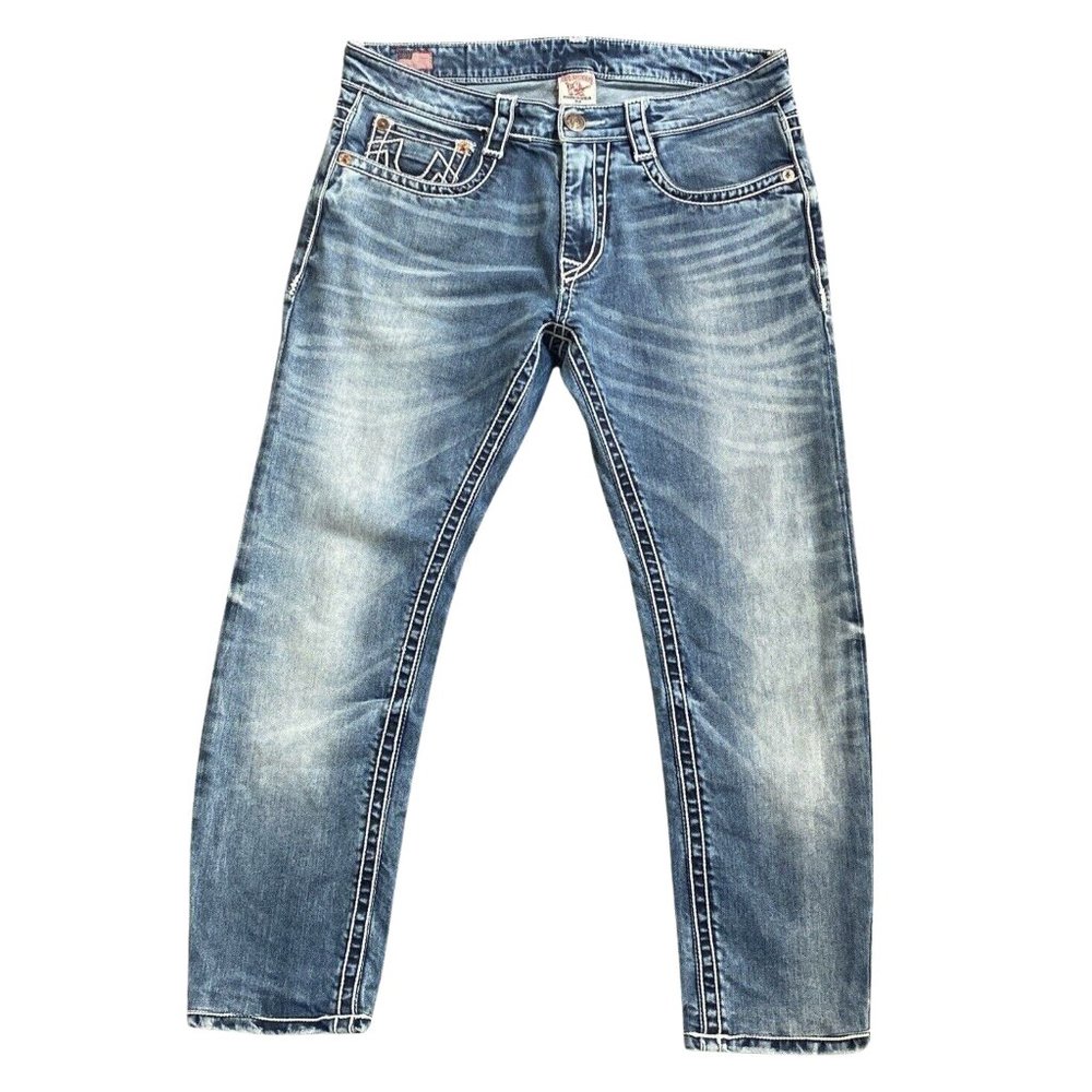 True Religion 28 Mid Rise Slim Cropped Light Wash Blue Jeans T Stitch y2k 29